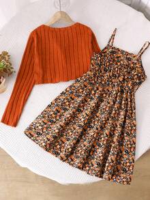 SHEIN 2pcs/Set NovaGlow Kids Tween Girls Ditsy Floral Camisole Dress & Button-Up Short Cardigan Sweater Set, Rust Brown, Autumn/Winter Fall Fall Tween Girl Clothes Teen Fall Dress Clothes Autumn Clothes Tween