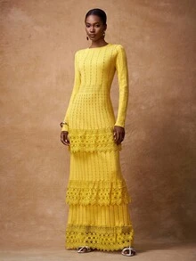 Zivah 2025 秋季新款音乐节、复活节、圣帕特里克节、西部风、游牧风、生日派对、毕业季、学院风、学生装、日常休闲、百搭百搭、休闲、度假、邮轮旅行、海滩、日光浴、网络热播、街头潮流、婚礼宾客波西米亚风、通勤、早午餐、机场、派对和节日优雅长袖蕾丝拼布针织长裙，后开衩，芥末黄 - 黃色 - 查看 4