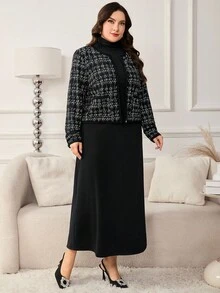 Ellevyn 大码女装两件套，优雅女士两件套外套+连衣裙，印花粗花呢外套，柔软舒适的长袖连衣裙，黑色修身连衣裙套装，秋冬大码女装两件套女装 - 黑與白 - 查看 6