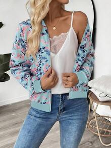 EMERY ROSE Women's Floral Print Long Sleeve Casual Baseball Jacket, Autumn - Blue - View 3