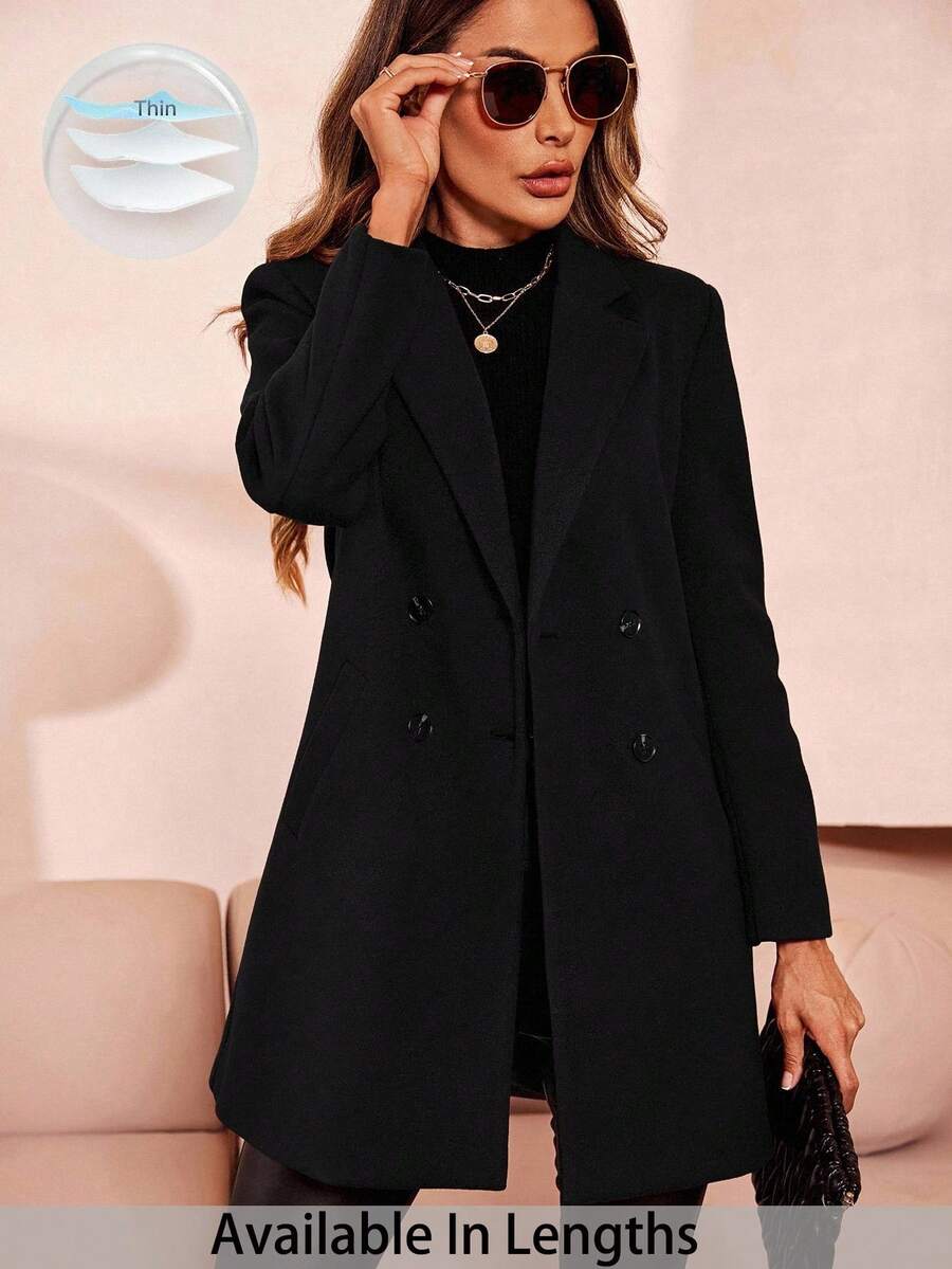 SHEIN Tall CURVE Plus Size Lapel Neck Double Breasted Overcoat Long Black Coat Women Tall Women Coat Plus Size Coat Women Church Coat Blazer Coat Winter Fall Autumn