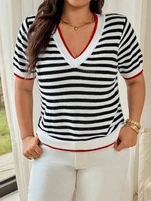 Vionelle 大码女式条纹撞色圆领短袖休闲时尚针织上衣 - 彩色 - 查看 6