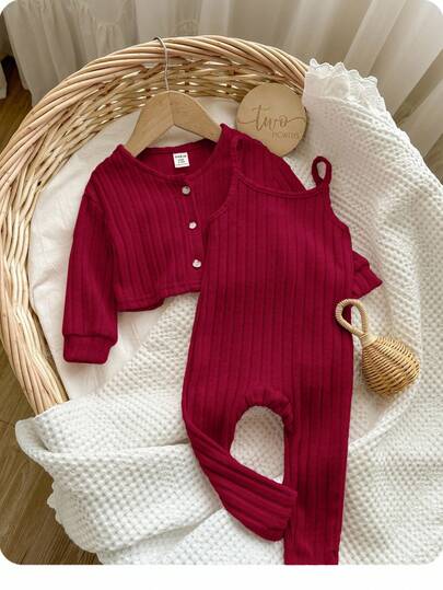 Newborn Baby Girl Cute Knitted Pink Strap Romper & Long Sleeve Cardigan Set