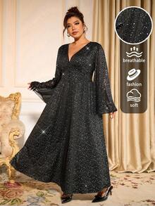 Allurite Christmas Plus Size Women's V-Neck Semi-Sheer Flare Sleeve Metallic Glitter Party Elegant Long Maxi Dress, Black Fall Cloth For Women Halloween - Black - View 1