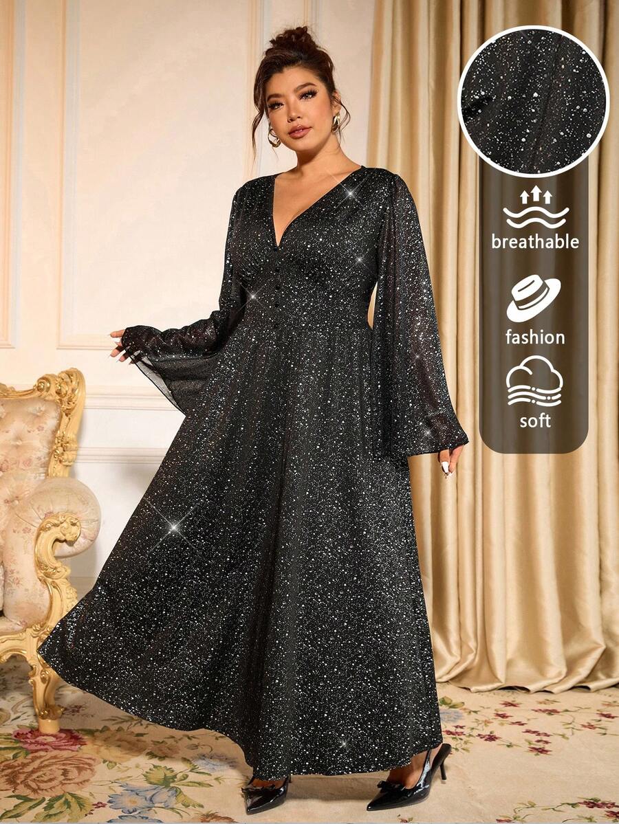 Allurite Christmas Plus Size Women's V-Neck Semi-Sheer Flare Sleeve Metallic Glitter Party Elegant Long Maxi Dress, Black Fall Cloth For Women Halloween - Black - View 1