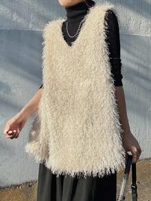 FRIFUL Apricot Flannelette Casual Rib-Knit V Neck Asymmetrical Long Tank Top For Women Knit Sweater Top Sweater Top For Women Shaggy Knit Top Winter Tops Layering Pieces