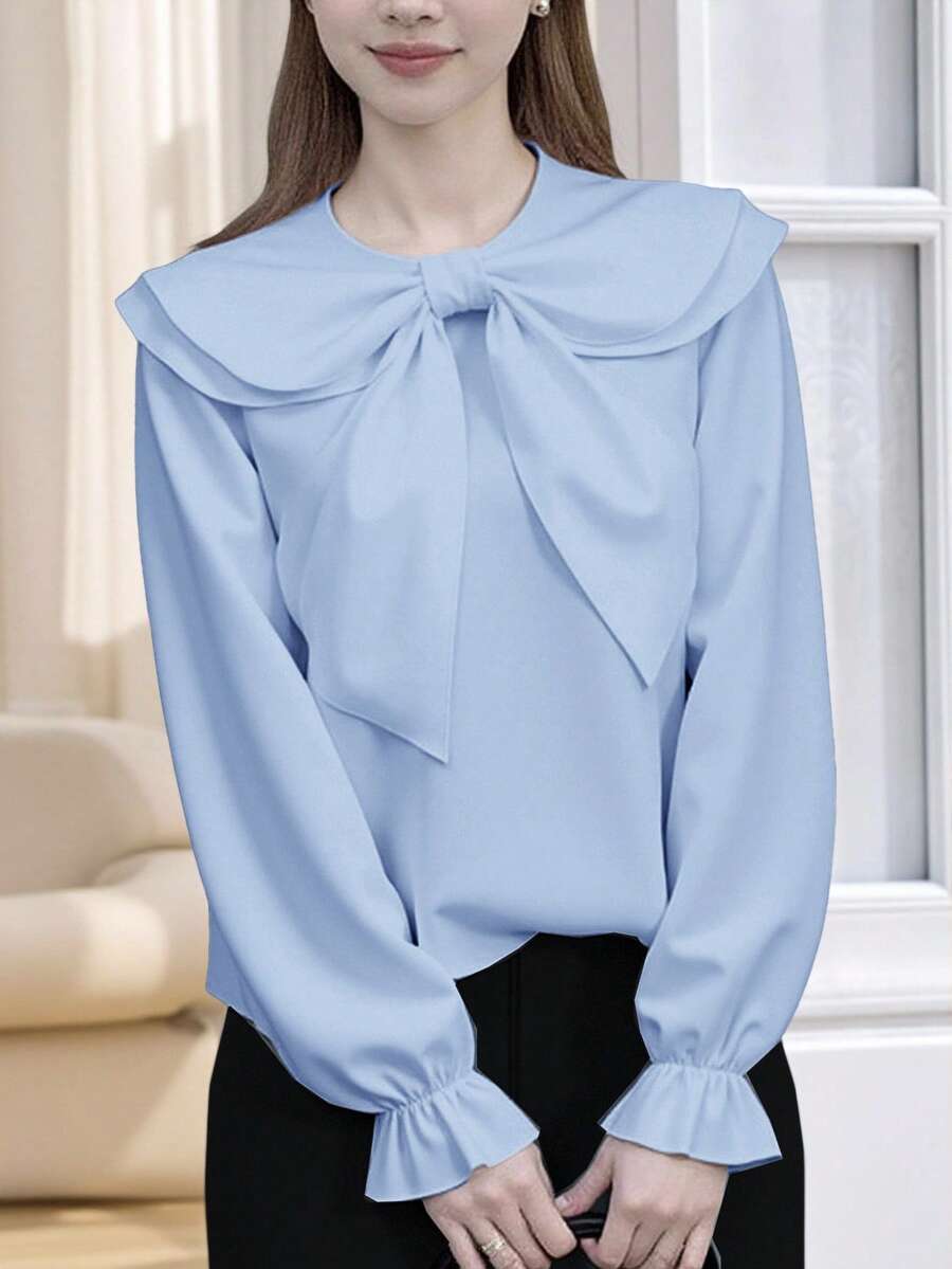 SHEIN 少女宽松休闲舒适荷叶边蝴蝶结衬衫，返校季 - 藍色 - 查看 1