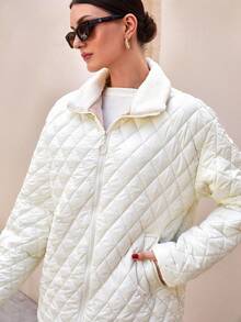 CLARA VERO Woman Solid Color Woven Padded Quilted Insulated Winter Coat Short Regular Jacket Zipper Pockets Zip Up Front Teddy Neck - White - View 8