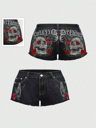 Grunge Punk Shorts di jeans da donna con design ricamato con scheletro e rose, in stile Y2K, gotico e punk