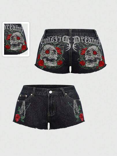 Grunge Punk Shorts di jeans da donna con design ricamato con scheletro e rose, in stile Y2K, gotico e punk
