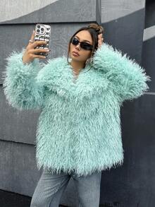SHEIN ICON 冬季女式万圣节外出蓝绿色泰迪纯色超大翻领长袖宽松前开仿皮草外套 - 薄荷綠 - 查看 5