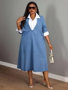 Slaydiva 大码女式休闲宽松深V领长袖牛仔连衣裙 - 中等水洗藍 - 查看 4