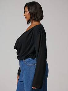 MUSERA Plus Size Cowl Neck Plunge Long Sleeve Chiffon Cropped Top Going Out Spring Summer Holiday - Black - View 3