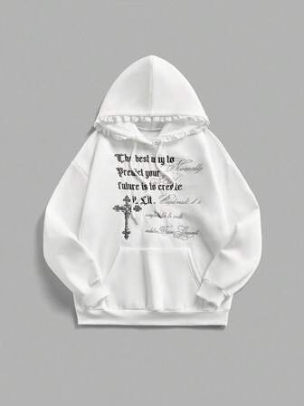 Kawaii Damen Lässig Slogan Stickerei Tasche Kordelzug Sweatshirt, Herbst