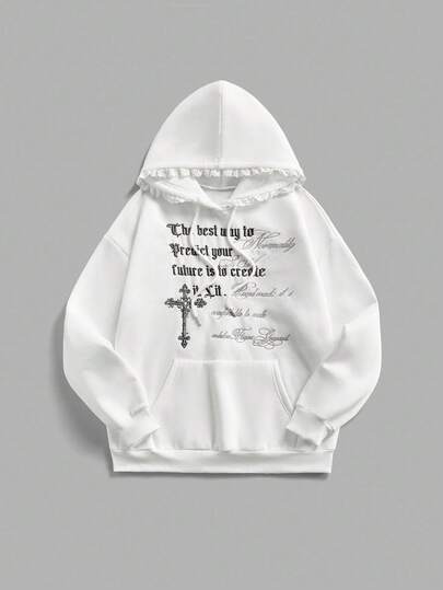 Kawaii Sudadera con capucha casual de mujer con bolsillo, cordón y bordado de eslogan, otoño