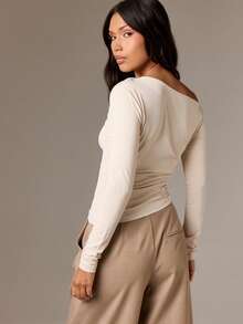 AiiRZ Off Shoulder Long Sleeve Tuck Detail Ruched T-Shirt For Fall Winter Occasions - Apricot - View 2
