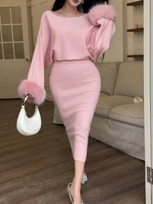 Feyla Women's Extra Long Elegant Knitted Sweater Dress, Autumn/Winter Fluffy Dress Women Pink Dress For Women Elegant - Pink - View 3