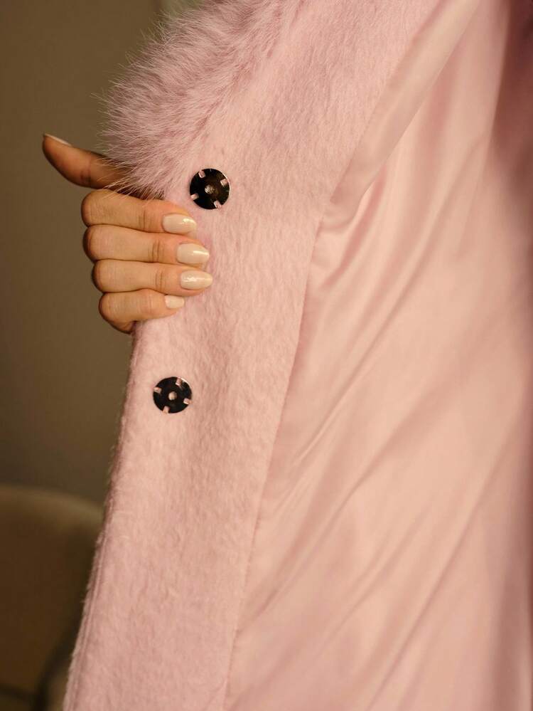 WOMEN'S WOOL PINK CONTRAST FUZZY TRIM LONG COAT