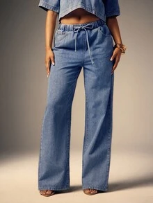 Denimoi Women Ombre Drawstring Waist Straight Leg Jeans - Light Wash - View 2