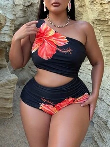 Swim SXY Plus Size Women 1pc Women One-Piece Swimsuit, Asymmetric Shoulder, 1 Piece Sets Woman,Solid Color Patchwork Printed, Sleeveless, Casual & Comfortable For Holiday Swimming Plus Size Woman