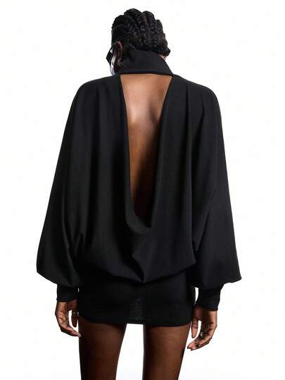 LYSMO 女士纯色高领蝙蝠袖长袖露背宽松T恤