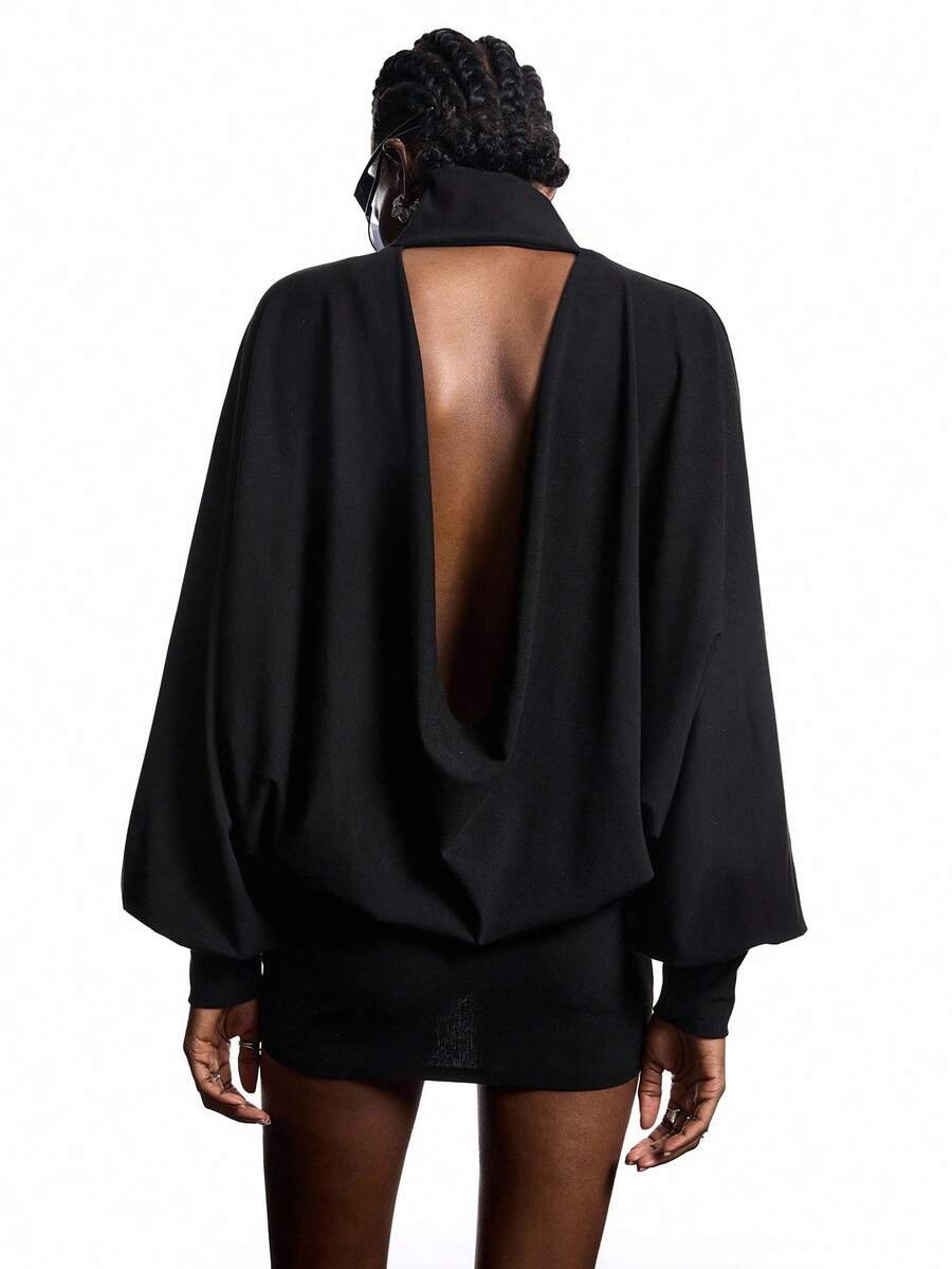 LYSMO 女士纯色高领蝙蝠袖长袖露背宽松T恤 - 黑色 - 查看 1