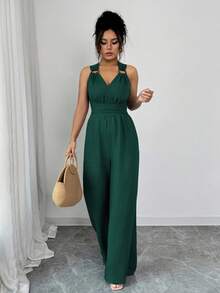 Selianne V领系腰阔腿连体裤，蓝色，女式连体衣，休闲夏装，女士度假装 - 墨綠色 - 查看 4