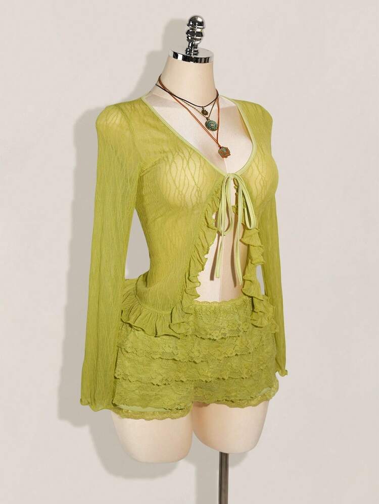 SHEIN ICON Sheer Tie-Front Cardigan Top And Multi-Layer Lace Shorts Set - Green - View 1