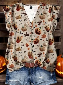 EMERY ROSE Plus Size Women Cute Beige Halloween Pumpkin & Monster Graphic V-Neck Ruffle Trim Short Sleeve Casual Autumn Holiday Blouse,Halloween Costume Party - Multicolor - View 1