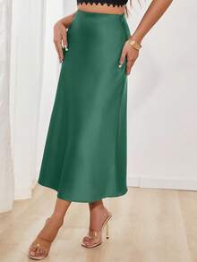 SHEIN PETITE Women's Elegant Versatile Satin Skirt Green Midi Skirt Green Skirt Elegant Midi Skirt Satin Midi Skirt Slip Midi Skirt - Army Green - View 5
