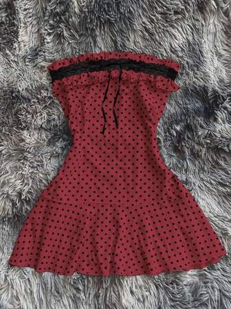 Rina Fox Women's Summer Casual Vacation Street Y2K Polka Dot Print Color Block Lace Bow Decor Ruffle Trim Hem Tube Dress