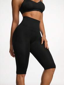 SHAPORA Women's Solid Color High Waist Elastic Shaping Bermuda Shorts - Black - View 3