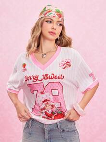 Strawberry Shortcake X SHEIN 女式卡通图案条纹V领短袖T恤，夏季 - 淺粉色 - 查看 4