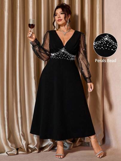 Cravure Vestido de fiesta de lujo para mujer de talla grande, vestido ajustado de manga larga con escote de corazón y brillos, para otoño/invierno
