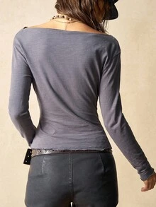 SHEIN BohoFeels Áo thun boho cổ thuyền tay dài màu trơn đơn giản dành cho nữ - Xám - Xem 7
