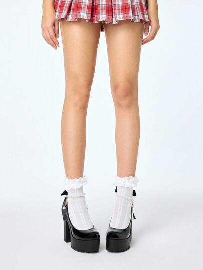 Goth Women's Thick Sole Chunky Heel Pumps, Fashion Solid Color Pearl Buckle Lace Bow Decor High Heel Mary Jane Shoes, Suitable For Party, Outing, Date