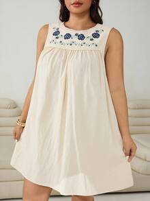 Solflare Plus Size Women Floral Embroidered Apricot Casual Sleeveless Dress Cotton Summer Dress Embroidered Dress Floral Dress 100% Cotton Dress,Back To School - Apricot - View 5