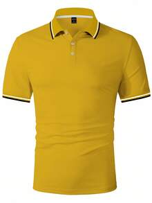 Calvornis Stylish Men's Yellow Short Sleeve Polo With Contrast Stripe Detail On Collar Casual Fabric Top Golf Shirt For Men Men Clothes Yellow