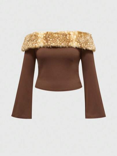 J-Fashion Blusa con mangas acampanadas, cuello de piel sintética de leopardo y parches, estilo vintage Y2K para mujeres de talla grande