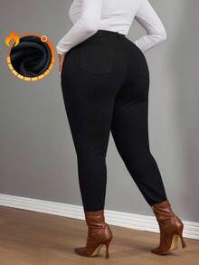 SHEIN SXY Winter Plus Size Dark Wash Denim Cat Claw Print Skinny Jeans - Black - View 2