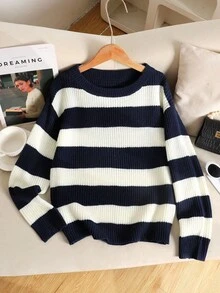 SHEIN Tween Girl Casual Striped Colorblock Off Shoulder Loose Batwing Long Sleeve Sweater, Autumn/Winter Fall