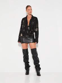 KIZN 饰有金属铆钉的佩斯利玫瑰印花长袖纽扣衬衫 - 黑色 - 查看 3