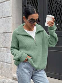SHEIN Woman Zipper Collar Loose Fit Comfy Warm Sweater - Mint Green - View 7