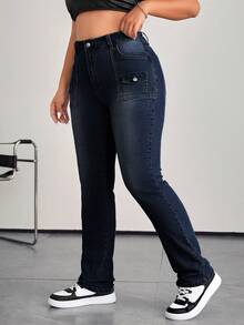 Firerie 大码女式休闲弹力牛仔喇叭工装牛仔裤，蓝色 - 深色水洗藍 - 查看 1