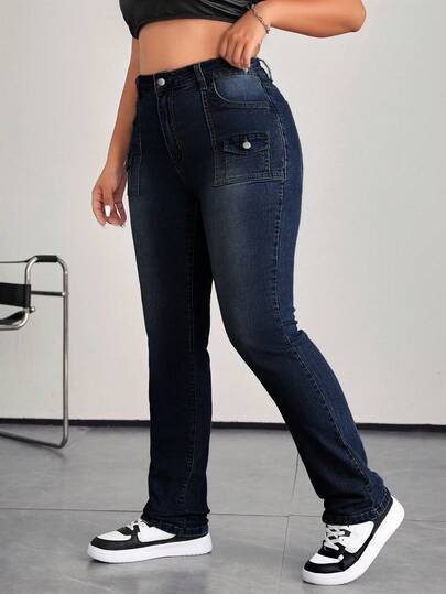 Firerie Plus Size Women's Casual Stretch Denim Flare Cargo Jeans, Blue/Winter