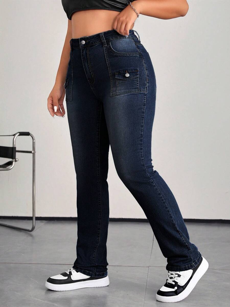 Firerie 大码女式休闲弹力牛仔喇叭工装牛仔裤，蓝色 - 深色水洗藍 - 查看 1