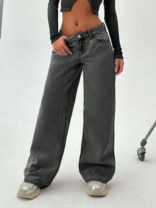 EURMUSE WOMEN WIDE LEG LOW WAIST JEANS - Dark Grey - View 3