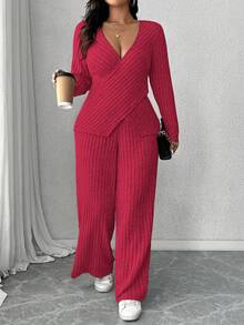 Calvaya 加大码柔软针织罗纹面料交叉长袖T恤+柔软罗纹阔腿裤休闲家居服两件套 - 紅色 - 查看 1