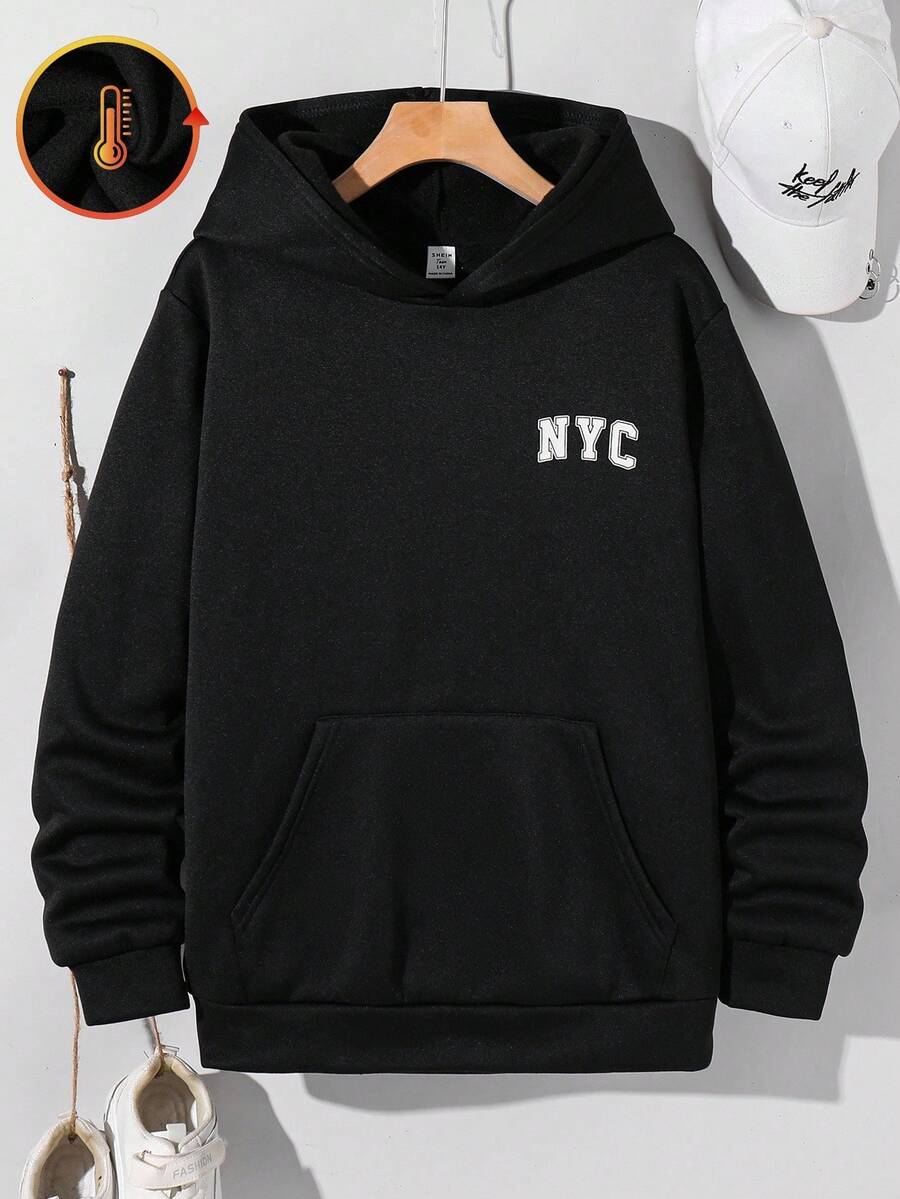 青少年男孩黑色 NYC 文字圖案印花套頭冬季運動衫,寬鬆版型長袖街頭風,適合秋季、開學季、畢業休閒穿著 - 黑色 - 查看 1