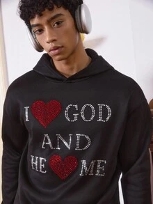 Manfinity VCAY Men's Rhinestone Sweatshirt I LOVE GOD Lettering Rhinestones Sparkle And Shine Hooded Casual Loose Sweatshirt, Fall, Winter - Black - View 3